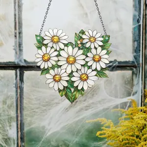 Daisy Flower Heart Acrylic Suncatcher, White Floral Window Hanging Decoration, Garden Sun Catcher Ornament, Rustic Country Home Decor Gift