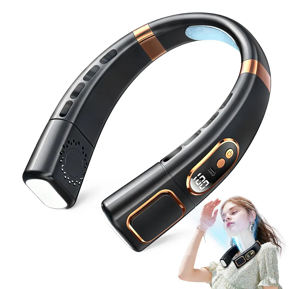 Neck Fan with Cooling Plate Wearable Hands-Free Portable Fan 360° Cooling Airflow LED Display Ultra Quiet Rechargeable Neck Air Conditioner with Ambient Lighting for Home Office Travel Outdoor