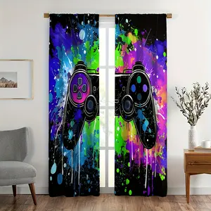 1Set/2pcs Colorful Gamepad Pattern Curtains, Polyester 100%Material Semi-shading - UV Protection Polyester Drapes, With Vibrant Graffiti Gamepad Controller Print Patterns Pole Pocket Design, Fabric Is A Bit Thin 90-100g.Game Room Window Treatments.