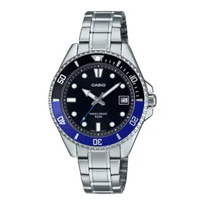 Casio Men’s Stainless Steel Watch with Black Dial and Black-Blue Bezel - MDV-10D-1A2VDF