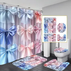 1PC/4PCS 2D Flat Blue and Pink Bowknot Pattern Shower Curtain with Multicolor Background, Modern Personalized Home Bathroom Art Decor, Shower Curtain Set with 12 Hooks, Bathroom Non-slip Mat, U-shaped Non-slip Mat, Toilet Seat Cover, Bathroom Decoration.