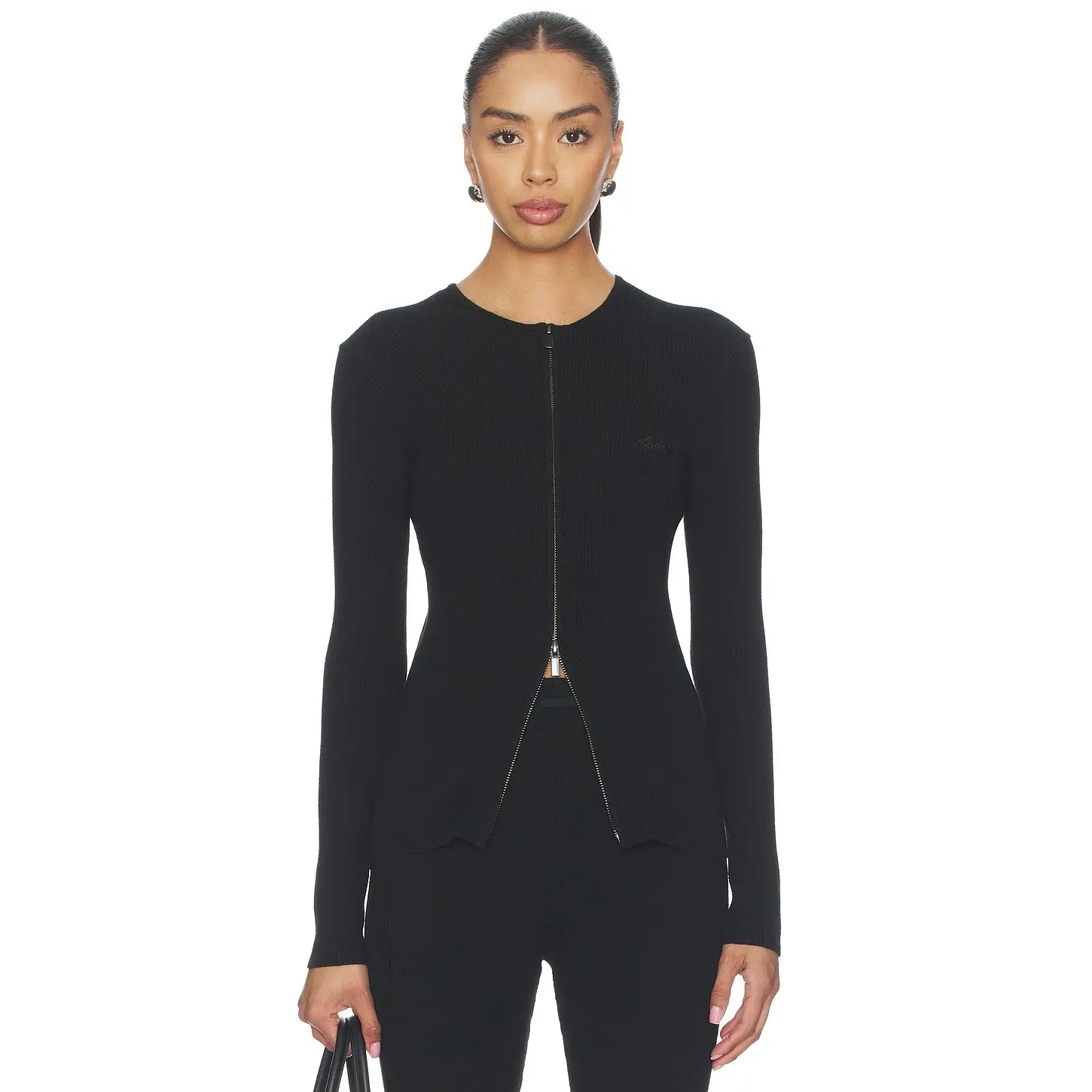 Fear of God ESSENTIALS Signature Rib Knit Fitted Long Sleeve Zip Up Tee in Vintage Black
