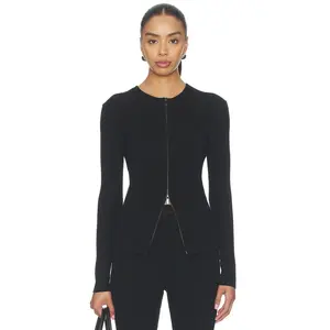 Fear of God ESSENTIALS Signature Rib Knit Fitted Long Sleeve Zip Up Tee in Vintage Black