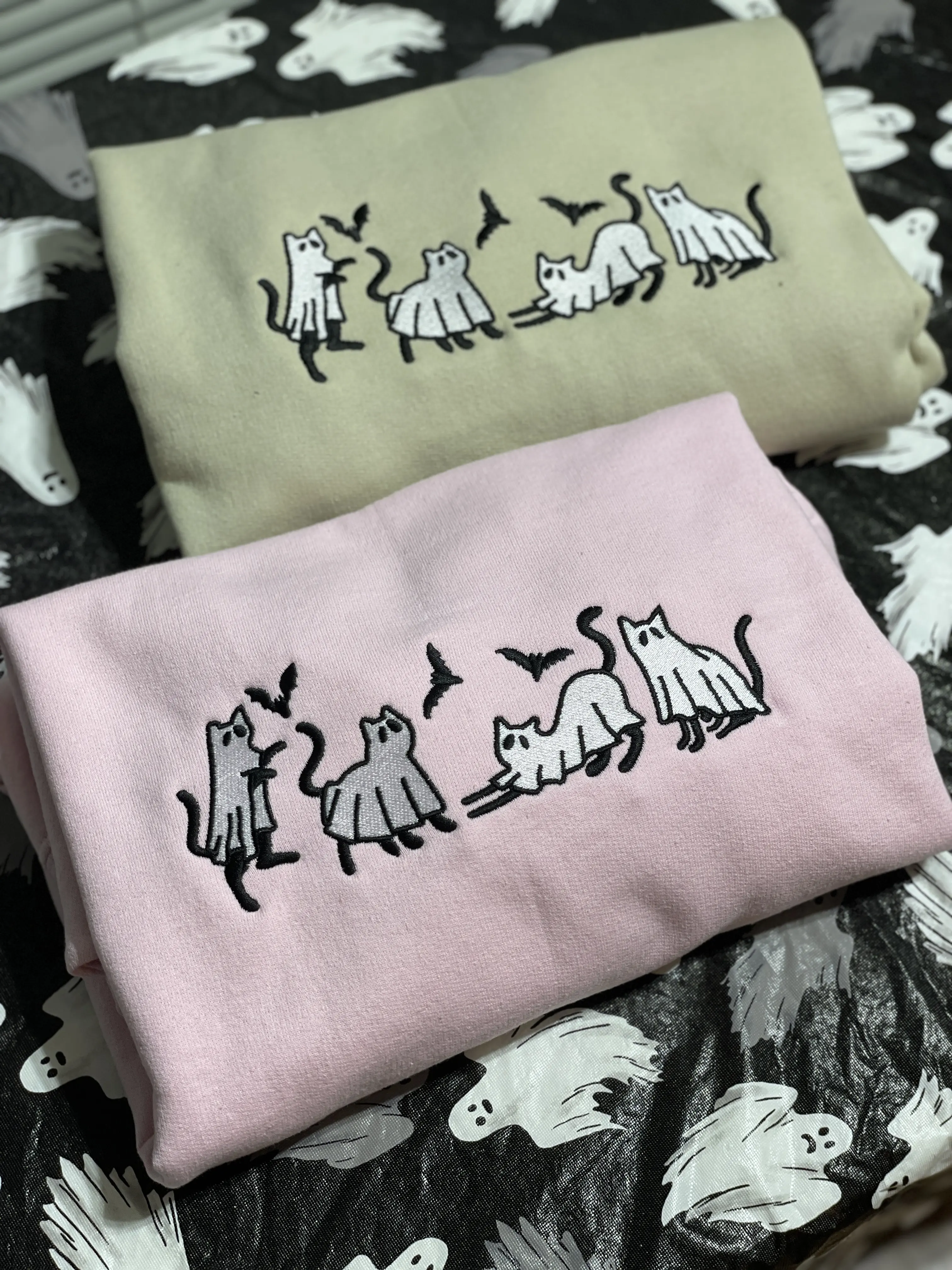 Ghost Cat Embroidered Crewneck - Embrace the Mysterious Charm! Halloween Sweatshirt Spooky Season Custom Crewneck