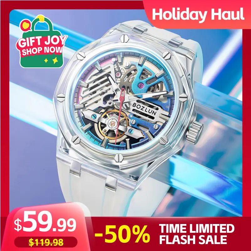 BOZLUN Cyberpunk Automatic Mechanical Men's Watch, 44mm Transparent Case, Colorful Hollow Gear Dial, Silicone Strap, 3ATM Waterproof, Luminous Hands, Blends Art and Utility, Blend Art And Utility, Colorful Dial