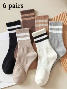 6/12 Pairs Women/men Solid Color Striped Mid-Calf Socks, Sock Sets, Comfortable Casual Creative Design, Daily Wear, College Style, Back-To-School, All Seasons, Breathable Comfy Socks