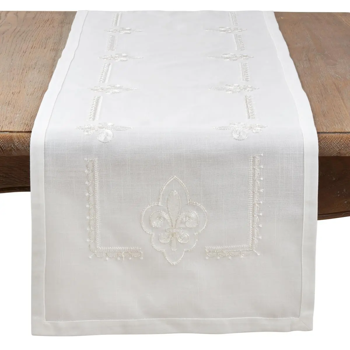 SARO 1681.I1672B 1-Piece Polyester Table Runner, 16x72 in Rectangle, Embroidered Fleur-de-Lis Design with Embroidery Detail, Ivory - for Table Decor, Celebration, One-Piece