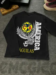 Club América Graphic Oversized Long-Sleeve T-Shirt – Soccer Fans' Match Day, Casual & Streetwear Outfits, Soft Cotton Fabric & Relaxed Full-Length Sleeve Fit, Single Piece, Black with Eagle & Team Logo Print Style