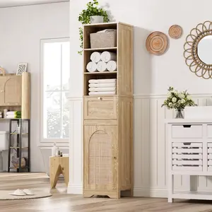 [SummerVibes] Vabches 67''H Bathroom Storage Cabinet with Rattan Doors and Slide storage, Tall narrow standing Tower Cabinet with Adjustable Shelves, Small Bathroom Floor Cabinet for Entryway, Kitchen, Natural