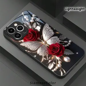 An elegant phone case with a butterfly design, featuring luxurious red rose jewelry, suitable for iPhone 16 Pro Max, 15, 14 Plus, 13, 12, and 11. Lightweight, non-slip, suitable for both men and women