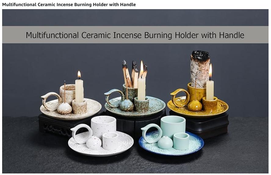 4 in 1 Ceramic Incense Burner Holder with Handle for Burning Sage, Palo Santo Stick, Joss Sticks, Candle in Your New House, Office, Yoga, Meditation Room