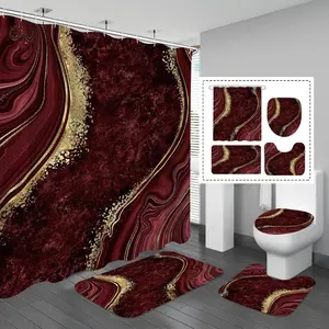 4 Pcs Luxury Marble Shower Curtain Set with Non-Slip Rugs, Toilet Lid Cover and Bath Mat, Gold Foil Red Bathroom Decor Set with Shower Curtain and Rugs and Accessories, Bathroom Shower Equipment