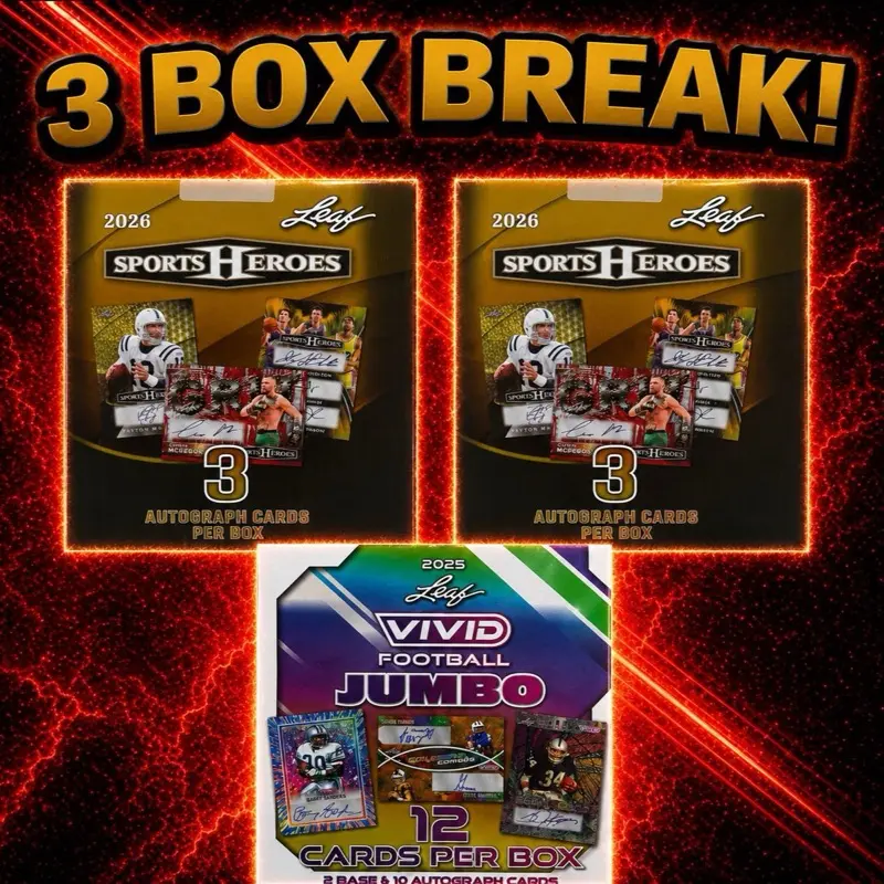 3 Box Serial Number Break - 1X 2025 Vivid Football Jumbo Box, 2X 2026 Leaf Sports Heroes Hobby Box