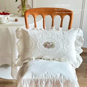 French lace throw pillow retro ruffle edge cream white embroidered waist pillow American sofa bedroom pillow back