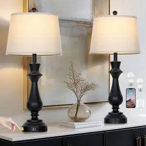 Modern Black Table Lamps Set of 2 for Living Room,30" Tall Bedside Lamp with USB  Port,3-Way Dimmable  Nightstand Lamp for Bedroom Desk Side Table Office,Black