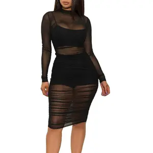 Women’s mesh dress, long-sleeved, bodycon, three-piece set, paired with shorts GARMENTARY