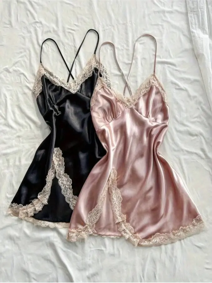AROMATHERAPY 2pcs Black & Blush Pink Satin Chemise: Ruched V-Neck Strapless Sleepwear With Gathered Details, All-Season Luxe Women's Nightgown