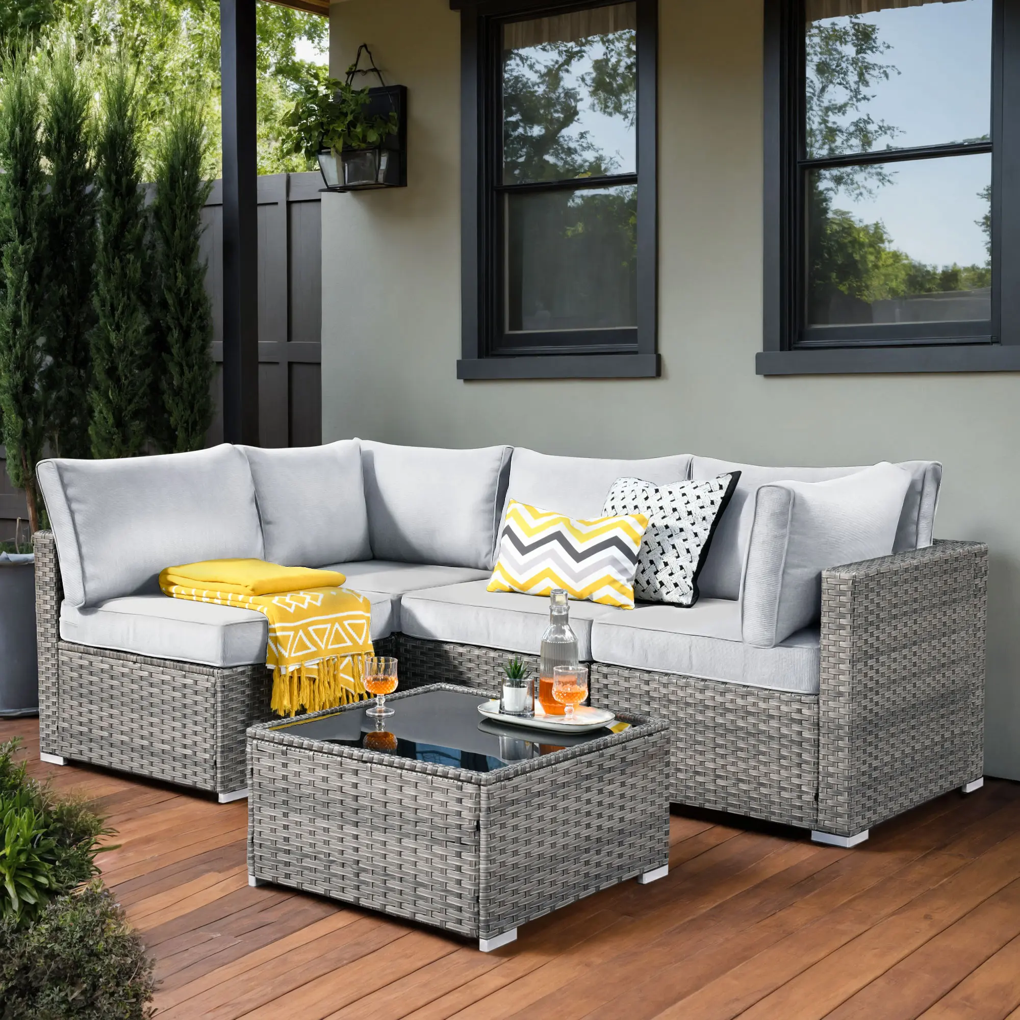 XIZZI 5 PCS Outdoor Wicker Furniture Set with Tempered Glass Table & PE Rattan Sofa for Gatherings & Entertainment Durable All-Weather Design