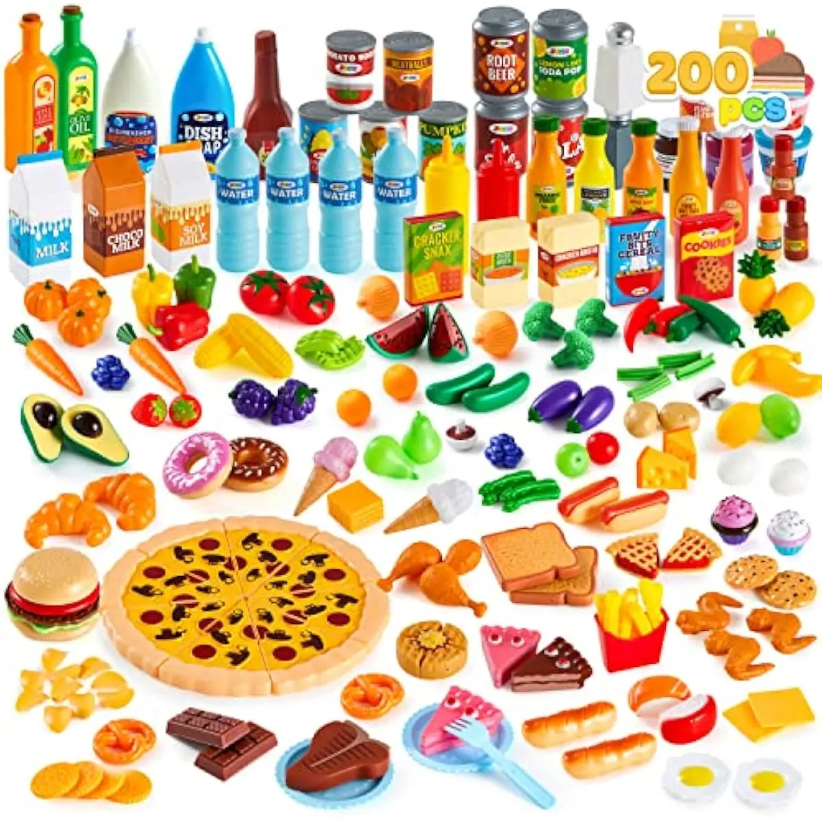 200 Pieces Kids Play Food Toy, Deluxe Role Play Set, Kids Kitchen Accessories with Realistic Colors, Toddler Birthday Gift, Party Toys