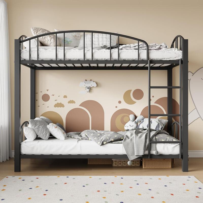 Metal Bunk Bed Twin Over Twin Heavy Duty Bunkbeds Frame with Arched Guardrail and Safety Ladder Sturdy Steel Bed for Kids Boys Girls Space-Saving No Box Spring Needed Matte Black