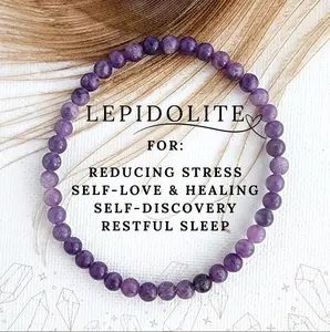 Natural Lepidolite Crystal Gemstone 4mm Round Beads Handmade Bracelet Healing Shield Against Negative Energy Stretch Men Women Bracelet