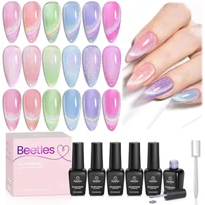 Beetles Cat Eye Gel Nail Polish Set, Summer Rainbow Cat Eye Gel Pink Blue Green Purple Orange Gel with Magnet Soak Off UV Iridescent Halo Collection Salon Nail Art Manicure Gift for Women