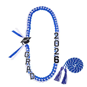 2026 Graduation Leis for Him Her - Hand-Woven Blue Braided Ribbon Lei with GRAD Letters & Cap Charm, Adjustable Graduation Money Lei with Safety Pins for Class of 2026 Graduation Ceremony Party Favors