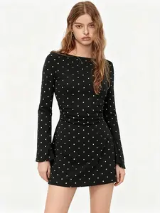 Women's fashionable polka dot dress, mini dress, with boat neckline, ruffled flared sleeves, suitable for parties and various casual occasions Black SpringTok black dress
