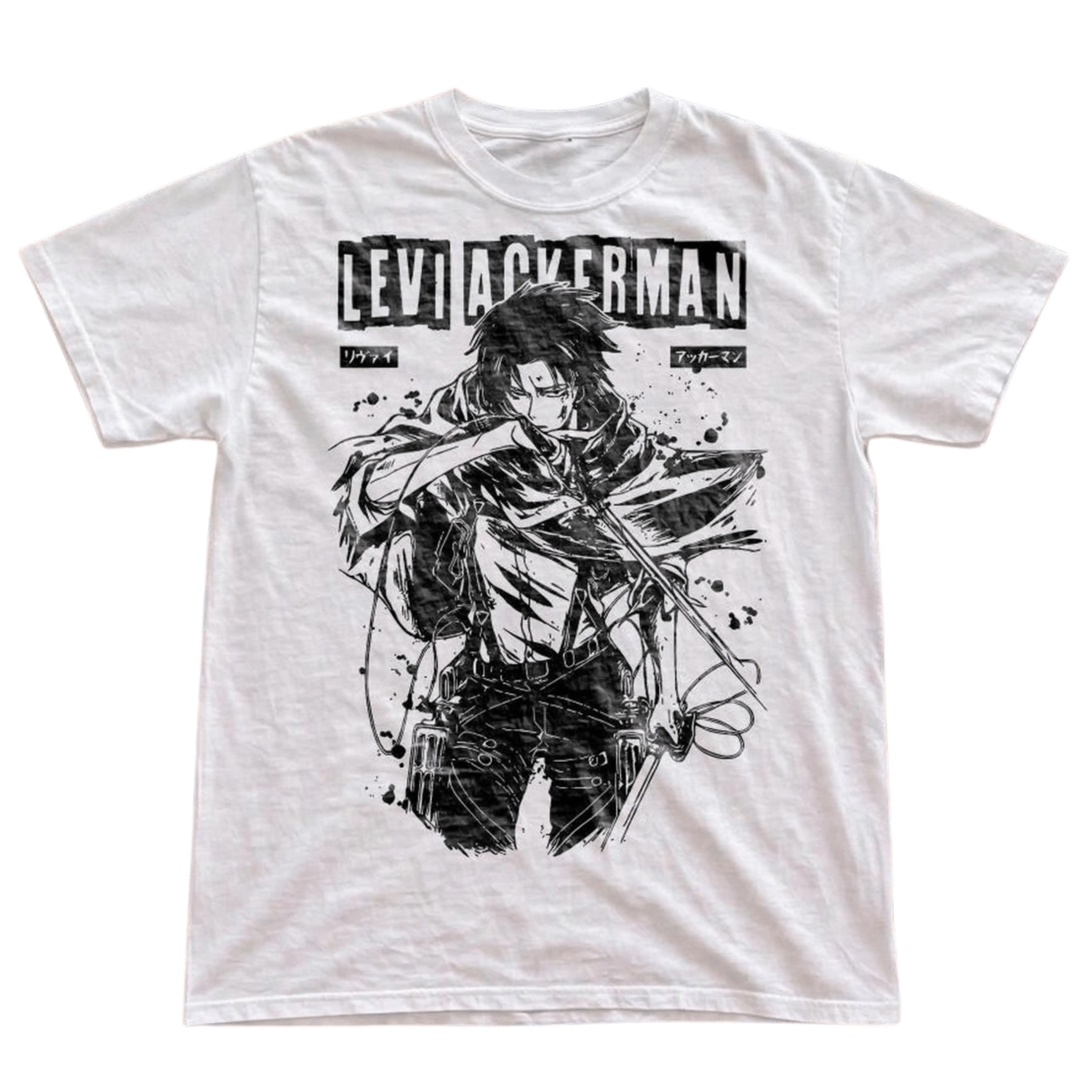 Gildan Men's and Women's T-Shirt, Vintage Attack on Titan Graphic Tee, Levi Ackerman Tee, Survey Corps Scout Merch, AOT Ink Splatter Shirt, Captain Levi Clothing, Japanese Katakana Graphic, White Grunge Anime Top, Retro Streetwear Apparel, Otaku Fan Gift