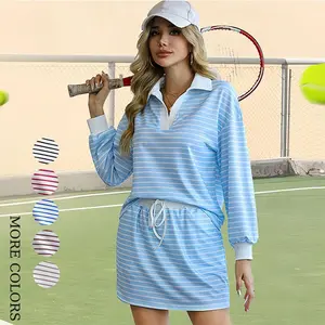 Women's 2 Piece Outfits Striped Polo Sweatshirt Skirt Sets Long Sleeve Workout Skorts Set with Pockets Built In Skorts