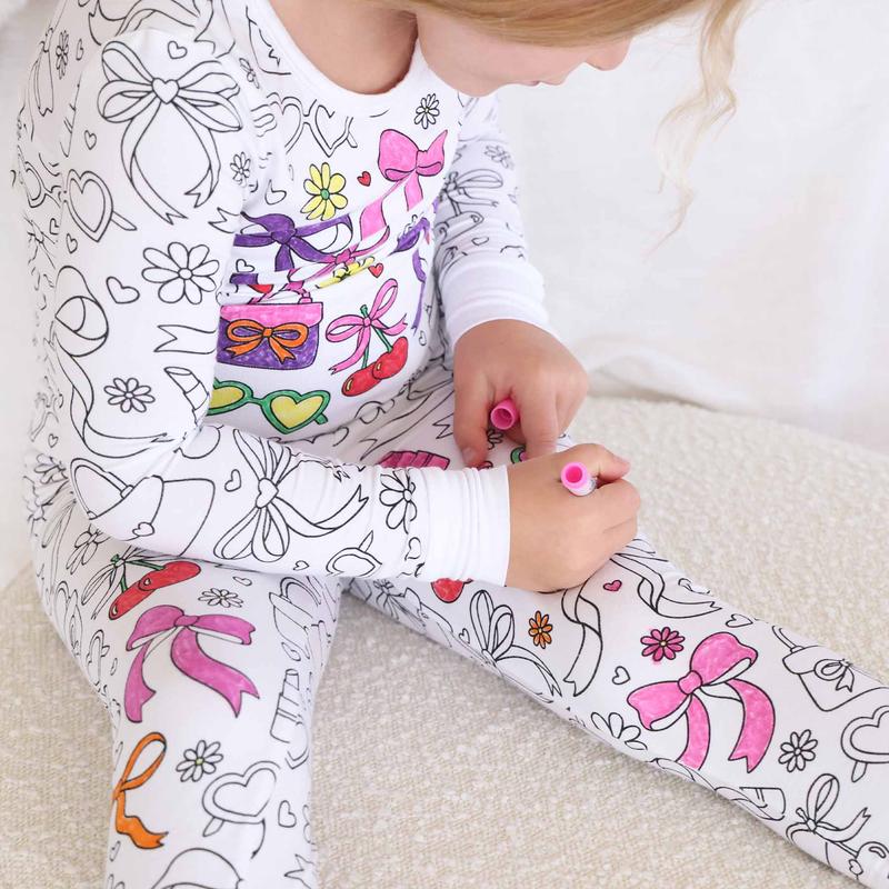 Material Girl Colorable Two Piece Pajama Set with Markers 95% Bamboo Viscose 5% Spandex Breathable for Sensitive Skin True to Size with Extra Room for Growth