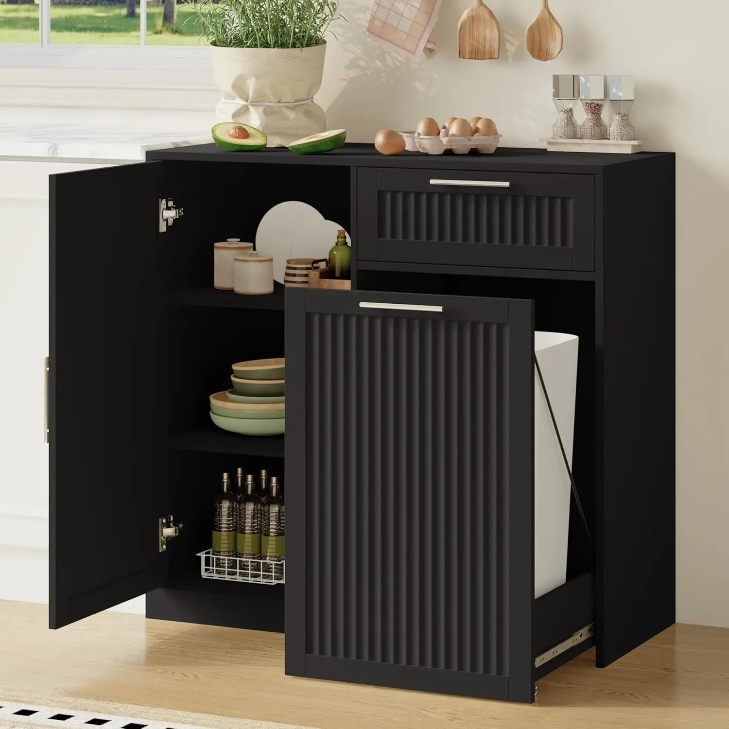 Single 13 Gallon Pull Out Trash Can Cabinet with Storage Cabinet,Black | Pet Proof Hidden Garbage Can Cabinet,3-Tier Shelves,Fluted Design,Extra Drawer Space,Kitchen & Dining Room Organization