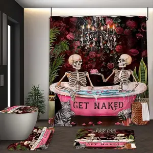 1/4pcs rose skull bathtub design curtain Set, durable polyester material, non-slip floor mat, U-shaped carpet, toilet cover, perfect for bathroom decoration, partition, beautify space, free 12 shower curtain hooks, Shower Essentials