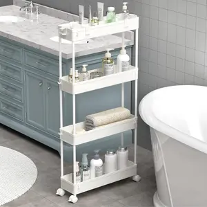 Slim Storage Cart 4 Tier White Rolling Utility Organizer for Bathroom Office Kitchen Laundry Room Narrow Spaces Mobile Shelving Unit Plastic Material with 360° Rotating Wheels Flexible Organization and Adjustable Shelves
