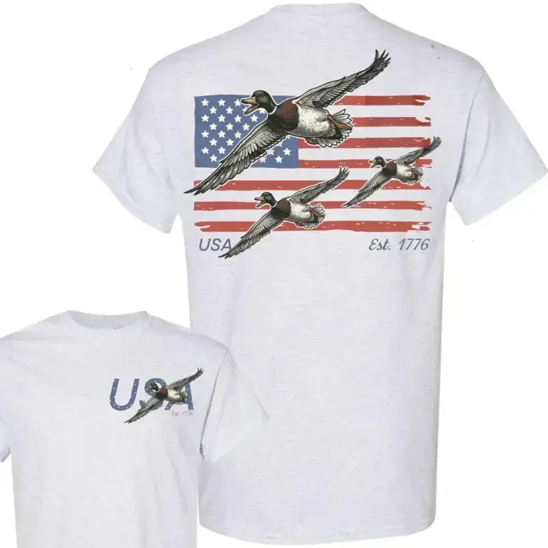 Men's Fitted Cotton Short Sleeve Round Neck Mallard Duck USA Top - Stylish Casual Patriotic Waterfowl, America 250 Gifts, Hunting Gifts, Red White Blue Camo Everyday Wear - KitchenEra