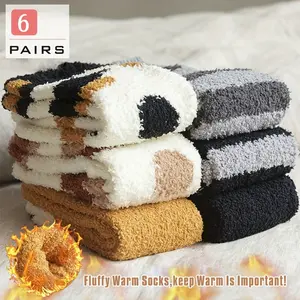 6 Pairs Cozy Cat Paw Socks - Plush & Adorable Prints for the Ultimate Stay-at-Home Comfort | Autumn New Arrivals/Thermal Ankle Socks/Adorable Cartoon/Women's Mid-Crew Socks