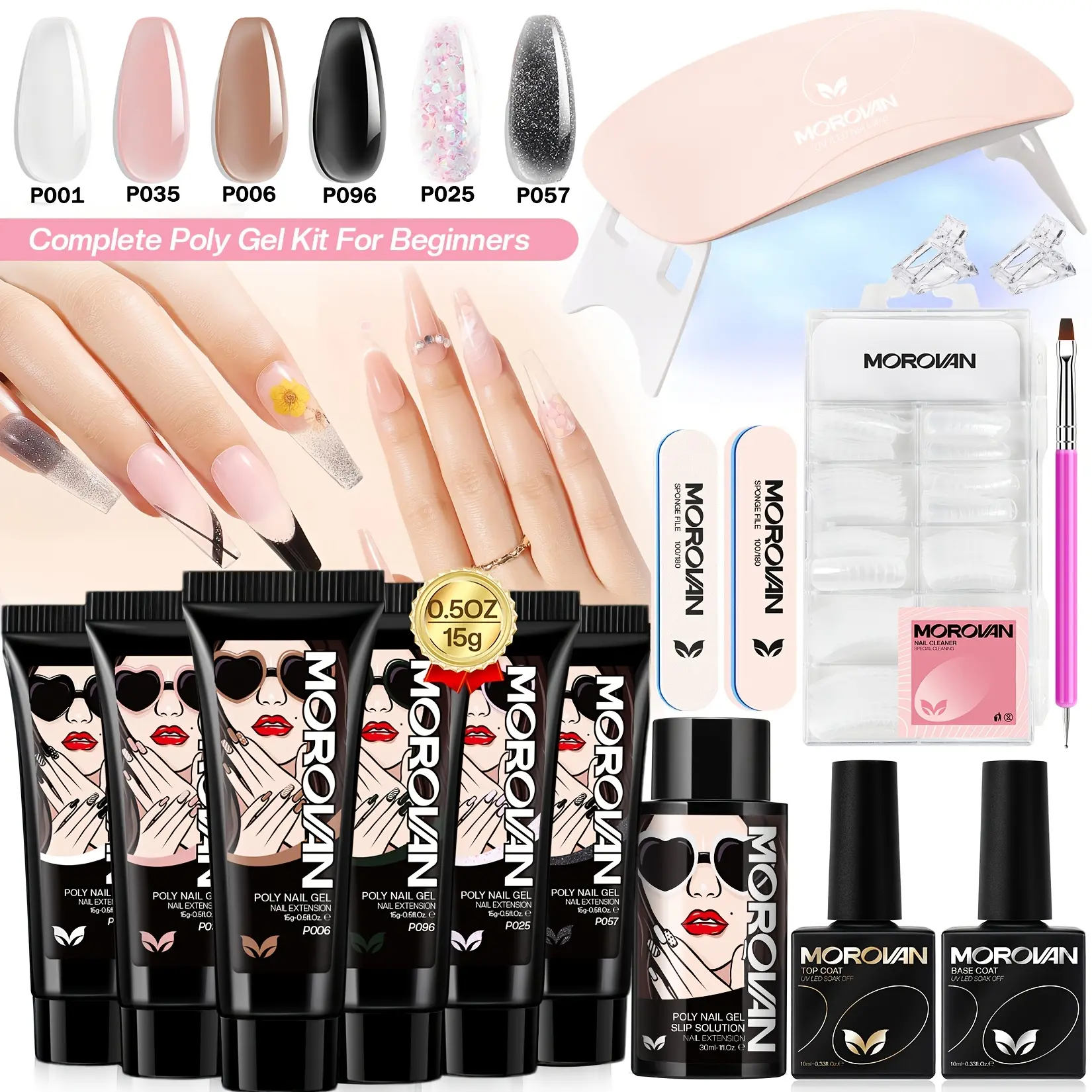 Morovan Poly Gel Nail Kit for Beginners, Poly Nail Gel with Mini UV Nail Lamp, Base Top Coat, Slip Solution, Nail Forms Tools Set, DIY Nail Extension Salon Home Manicure Kit