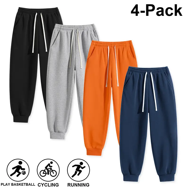 4-Pack Men’s Jogger Sweatpants, Elastic Drawstring Waist, Cuffed Ankles, Loose Athletic Pants for Basketball, Cycling, Running, Sports, and Everyday Wear