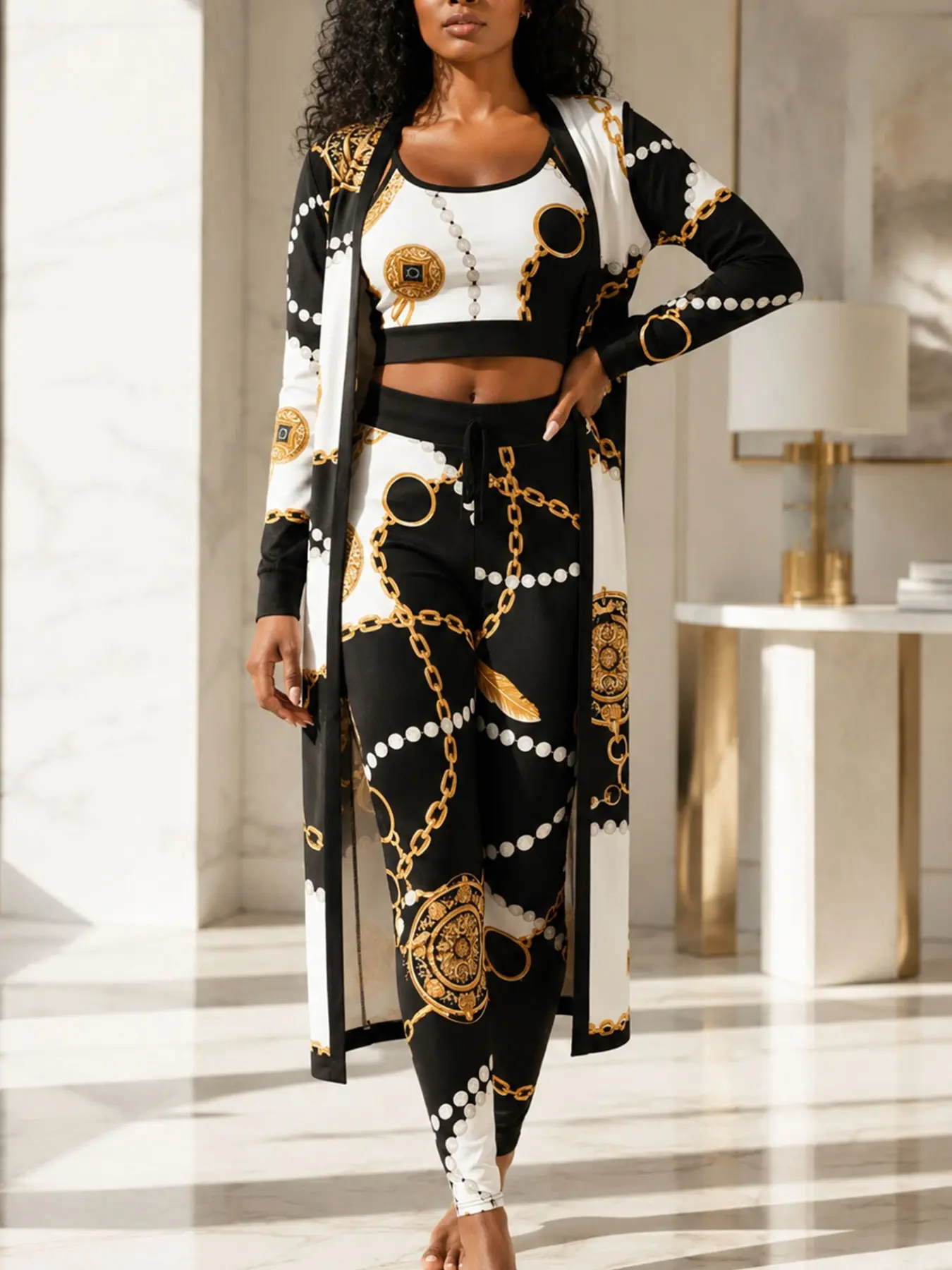 Women's Chain Printed Jersey Vest Set Outfit, Fitted Tie-Front Design, Long Pants & Long Sleeves Jacket, Casual Fall/winter, Street Fashion Style Longline Clothes