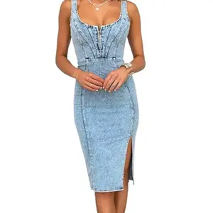 Women's Denim Dress Sleeveless Side Slit Slim Fit Mid-Length Denim Dress 2026 Spring New Style