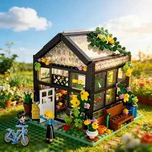Street view flower shop 579pcs LED mini set, city street view greenhouse building block toys, can be used as ornaments, can be given as gifts to friends