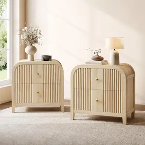 ModernMate 2-Drawer Nightstand Set of 2, Modern Side Table with Curved Design, Fluted End Tables Bedside with Large Storage for Bedroom, Living Room, Natural Oak