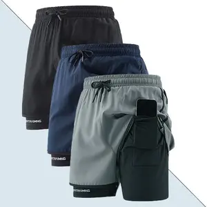 Men’s quick-dry fitness shorts, 3-pack, featuring hidden pockets and a portable towel; breathable, comfortable, stylish training shorts suitable for hiking, running, basketball, soccer, tennis, and gym workouts; made from lightweight, moisture-wicking fab
