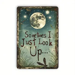 Vintage Dragonfly & Moon Metal Tin Sign With Inspirational Quote "Sometimes I Just Look Up" - Rustic Wall Art For Home, Office, Bar, Cafe Indoor/Outdoor Decor, 8x12 Inches, Office Artwork | Rustic Decor | Decorative Moth