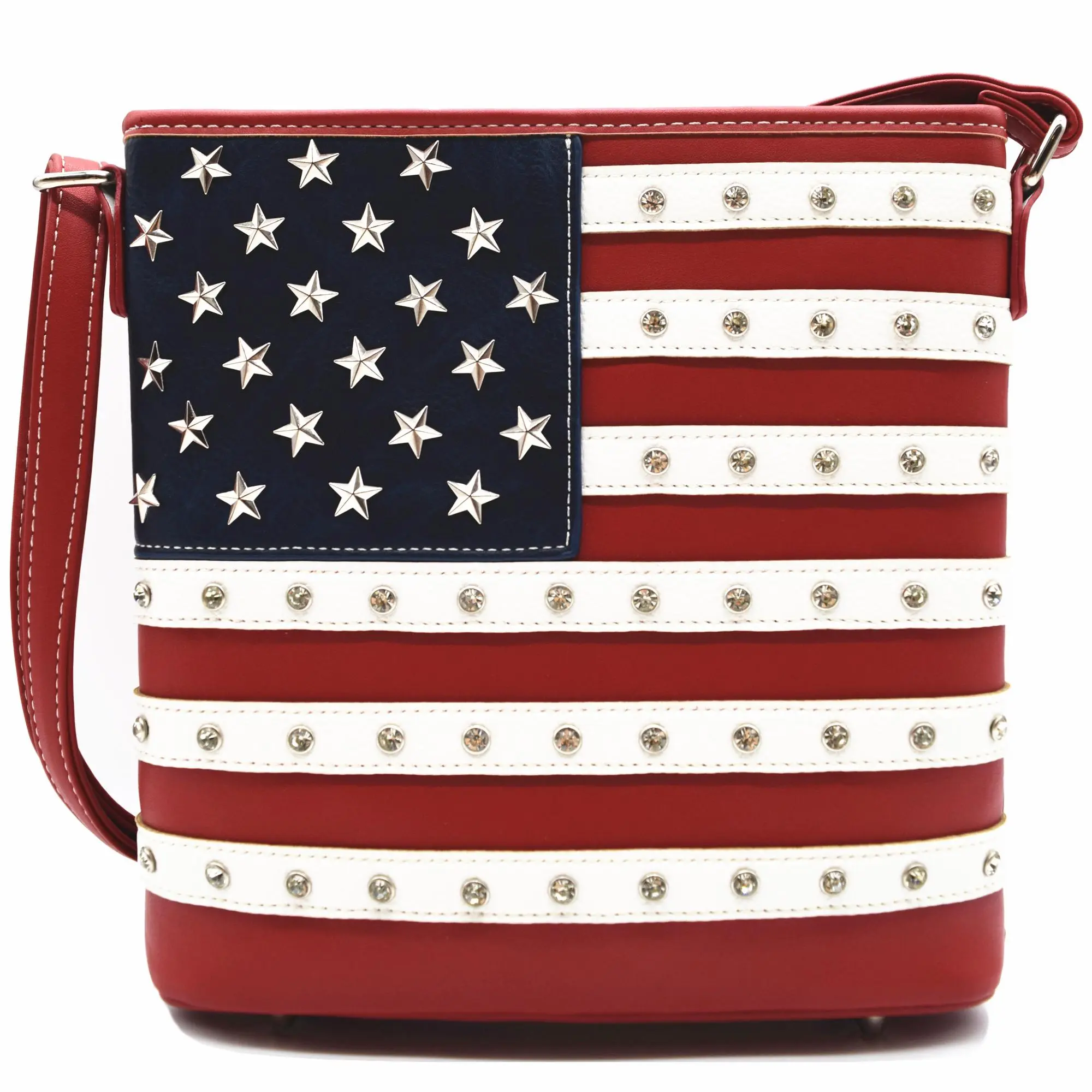 Women's Patriotic American Flag Crossbody Bag - Cowgirl Trendy, Red White and Blue Stars Flag Stripe Pattern, Metal Studs, Convertible Shoulder, Casual Design