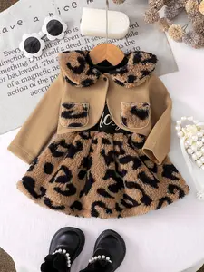 Baby Girl Leopard Print Fleece Dress + Reversible Short Jacket Set, Baby Clothing Autumn Winter Warm Fashion Two-Piece