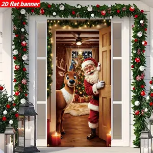 Christmas Santa Reindeer Door Banner, Holiday Door Curtain Flag, New Home Gate Bunting, Porch Garden Hanging Decor, Durable Polyester, 70.8x35.4 Inches