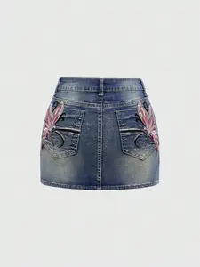 ROMWE Y2K Mini Skirt Low Waist Butterfly Embroidery Bodycon Slim Fit Edgy Night Out Outfit