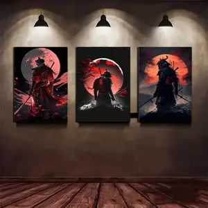 3pcs/set Frameless A mysterious samurai hung an artistic painting on the background wall of the red moon and the mountains Japanese Samurai Samurai Poster Canvas Painting and Prints Wall Art Picture for Living Room Home Decor Cuadros