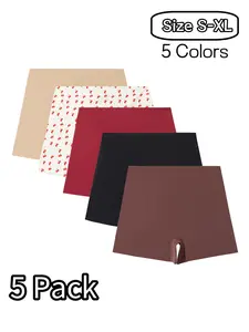 Women's Soft Basic Panties, Cherry Print Underwear Set, Slimming Seamless Safety Pants, Sporty Casual Wear, Pack of 5